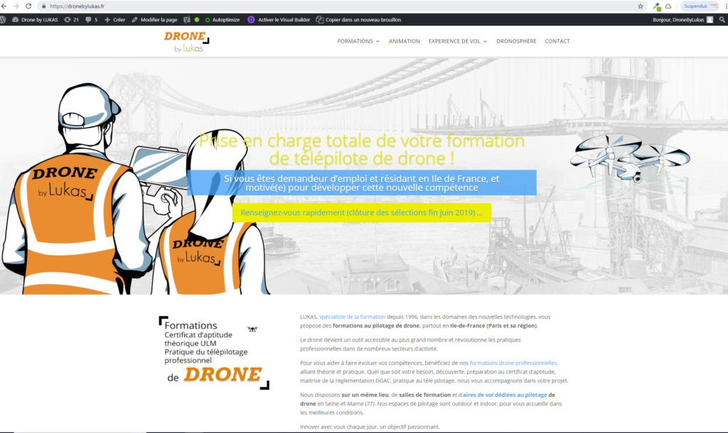 Capture d'écran du site dronebylukas avec la diapositive sur la nouvelle formation pour le diaporama d'accueil